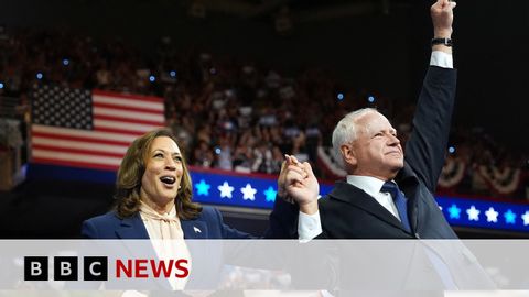 Harris and Walz hold first rally together as new Democratic ticket | BBC News